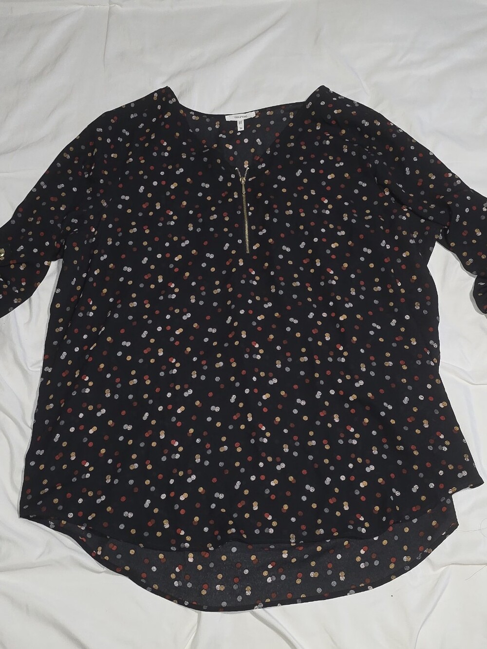 Maurices Black Dot-Print Zip-Neck Blouse